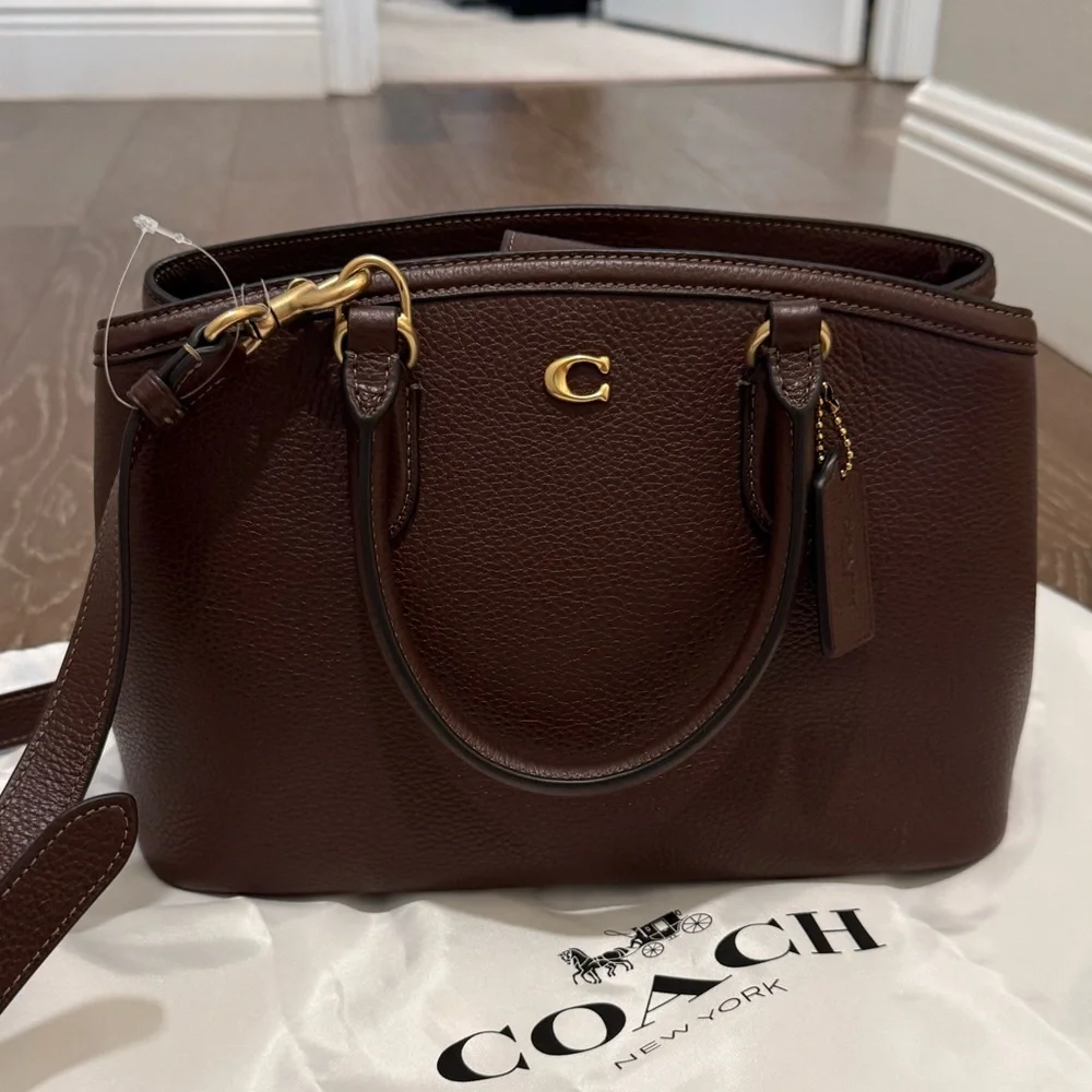 Coach Dark Brown Pebbled Leather Satchel with Gold Accent